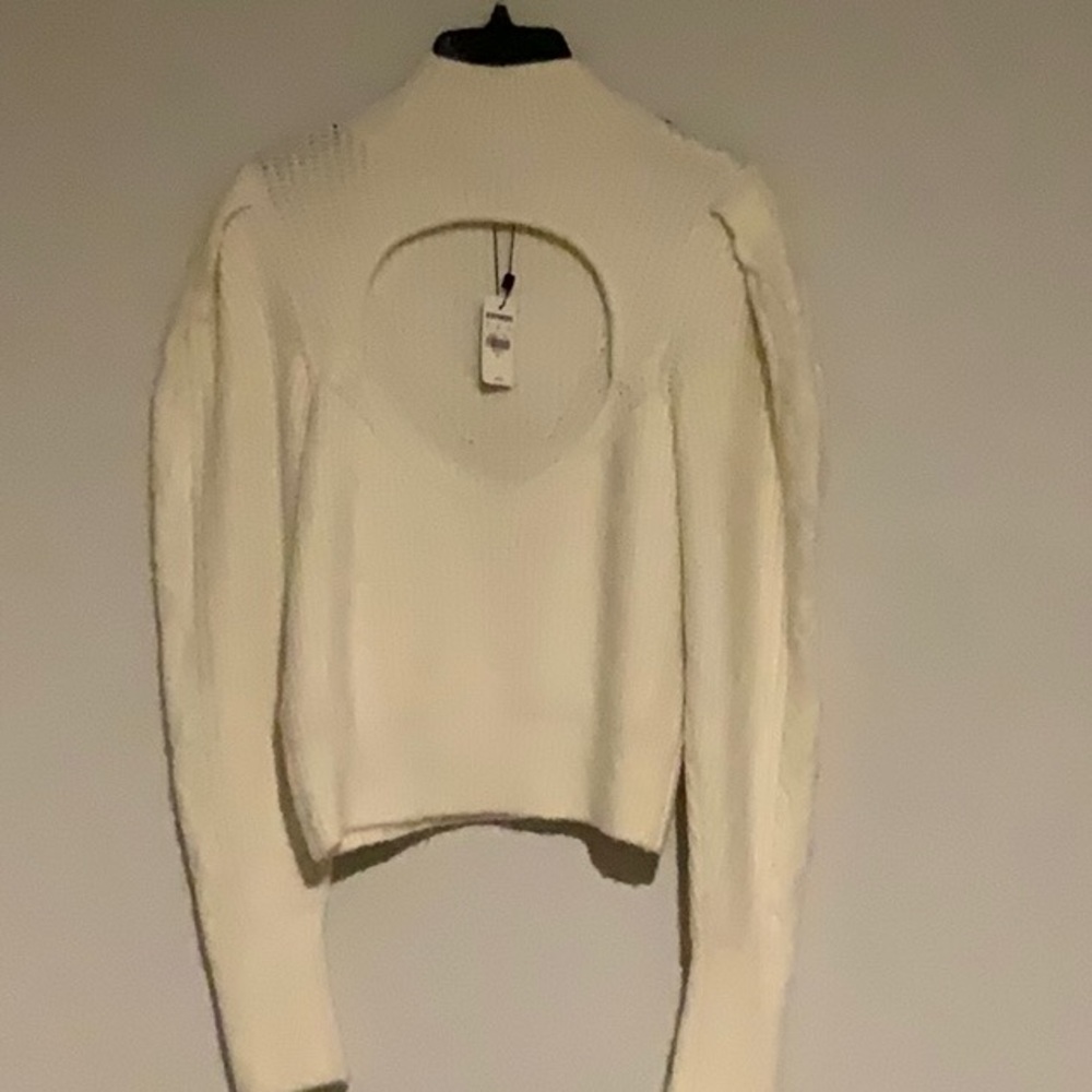 Express Cable Knit Puff Sleeve Open Back Sweater